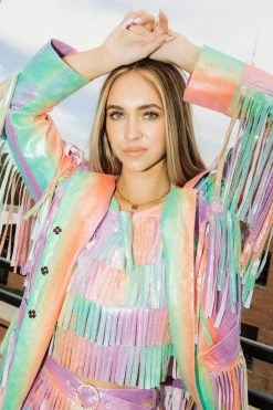 Queen Of Sparkles Rainbow Leather Fringe Jacket Spring 2022