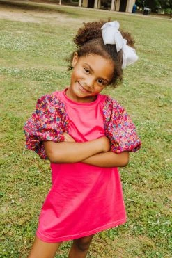 Queen Of Sparkles Kids Hot Pink Sequin Poof Sleeve Dress